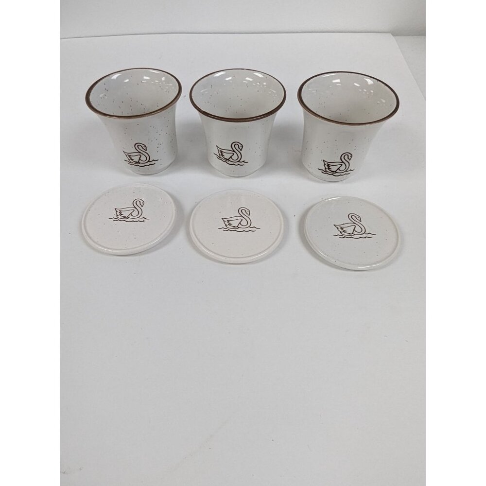 Vintage Schwans 3 1/4" Set of 3 Cups Mugs Lids Trivets Cream Speckled Brown Swan